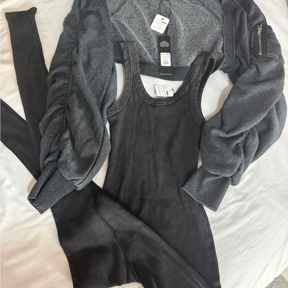 NWT Fashion Nova Tell Me What You Want Black and Gray Jumpsuit Set